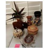 L - FAUX PLANT, TRINKET BOXES, VASES, FIGURINE