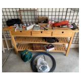 K - WOODEN WORK TABLE W/ CONTENTS (G15)