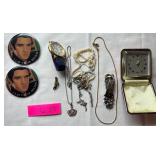 O - VINTAGE CLOCK, COSTUME JEWELRY, ELVIS PINS