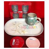 43 - NEW WMC GLASSWARE, MUG, CHIPS PLATE, MORE