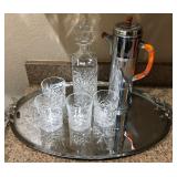 W - CRYSTAL DECANTER W/4 GLASSES & METAL PITCHER