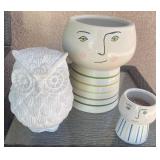 W - OWL STATUETTE & 2 PLANTER POTS