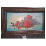 496 - FRAMED ROSE FLORAL PAINTING 38X22" (J64)