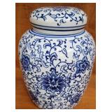 11 - BLUE & WHITE WARE JAR W/ LID (W7)