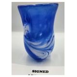 P - SIGNED COBALT BLUE ART GLASS VASE 8'T (A25)
