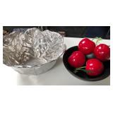 43 - DECORATIVE METAL BOWL AND FAUX APPLES (A235)