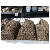 43 - SET OF THREE WOVEN WALL BASKETS & METAL RACK