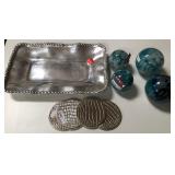 43 - METAL TRAY WITH COASTERS AND GLASS ORBS (A248