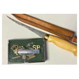 13 - VINTAGE FISH FILLET KNIFE & NRA PINS (I68)
