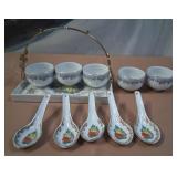 303 - VINTAGE PORCELAIN TEA CUPS, SPOONS, TRAY