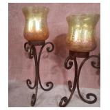 11 - PAIR OF WROUGHT IRON & GLASS CANDLE HOLDERS