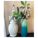 Q - TABLE LAMP (NO SHADE), VASE & FAUX FLOWERS