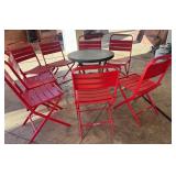 F - EIGHT RED FOLDING CHAIRS & 28'DIA TABLE (D22)