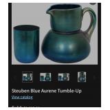 442 - STEUBEN BLUE AURENE PITCHER & CUP (F6)