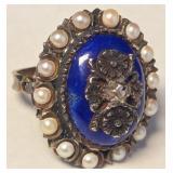 ANTIQUE RING 18K-SILVER BLUE ENAMEL W/DIAMOND
