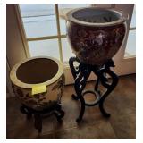F - TWO ASIAN PORCELAIN PLANTER POTS WITH STANDS