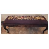 F - WOODEN BENCH WITH CARVED DETAILS & NEEDLEPOINT