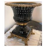 K - VINTAGE BLACK PORCELAIN & GILT BRASS VASE 14'T