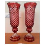 K - VTG BOHEMIAN RUBY RED CUT TO CLEAR VASES 21'T