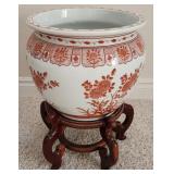 K -VINTAGE PORCELAIN FISHBOWL PLANTER & STAND 13'D