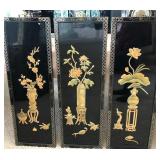 K - THREE VINTAGE ASIAN BLACK LACQUER ART PANELS