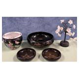 11 - PLANTER POT, BLACK LACQUER BOWLS, FLOWERS