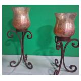 11 - TWO WROUGHT IRON & GLASS CANDLE HOLDERS