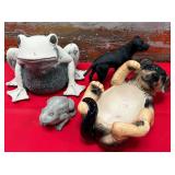 357 - DOG DISH, FIGURINE & FROGS (W50)