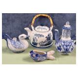 11 - BLUE & WHITE WARE TEAPOTS, FISH BOWL (P91)