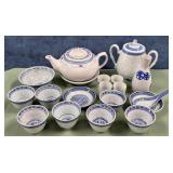 BLUE & WHITE WARE RICE BOWLS, TEAPOTS, SAKE SET