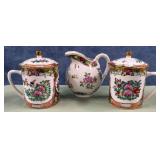 11 - HANDPAINTED CHINESE LIDDED TEA MUGS, CREAMER