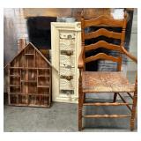 357 - VINTAGE WOODEN ARMCHAIR, CURIO SHELF, MORE