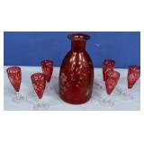 11 - VINTAGE CRANBERRY DECANTER AND GLASSES(H26)