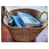 V - MIXED LOT OF BOOKS & WOVEN BASKET
