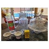 V - GLASS CAKE PLATE, JAR, PITCHER & MORE