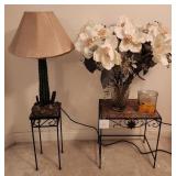 V - PLANT STAND, LAMP, TABLE, FAUX FLOWERS, VASE