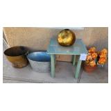 V - SMALL TABLE, TUBS, VASE, POT WITH FAUX FLOWERS