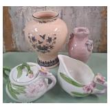 12 - CERAMIC CREAMER & SUGAR, TWO VASES (P55)