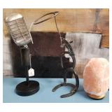 444 - MICROPHONE, HORSESHOE SCULPTURE, SALT LAMP