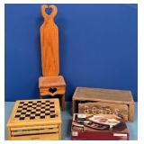 357 - GAME BOX, CHEESE BOARD SET, STOOL, BOX