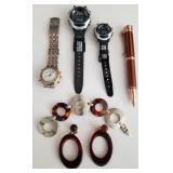 F - LOT OF WATCHES, PEN, EARRINGS & BRACELET (L116