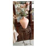 F - VASE WITH FAUX FLOWERS, DECORATIVE STAND