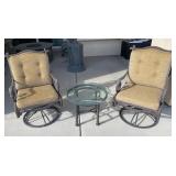 F - PAIR OF SWIVEL PATIO CHAIRS & DRINK TABLE