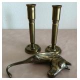 F - BRASS HORSE HEAD HOOK & CANDLESTICKS (A99)