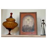 F - AMBER GLASS JAR, DECORATIVE CLOCK, FIGURINE