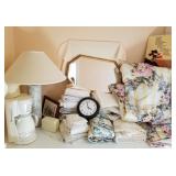 F - TABLE LAMP, COFFEE MAKER, CLOCK, BED LINENS
