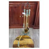 F - GOLD-TONE FIREPLACE TOOL SET & LOG BASKET