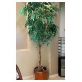 F - FAUX TREE IN COPPER-TONE PLANTER +6FT TALL