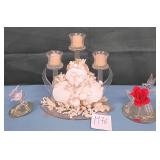 14 - SHELLS CANDLE HOLDER & ART GLASS FIGURINES
