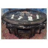 11 - CHINESE BLACK LACQUERWARE/INLAY TABLE/STOOLS